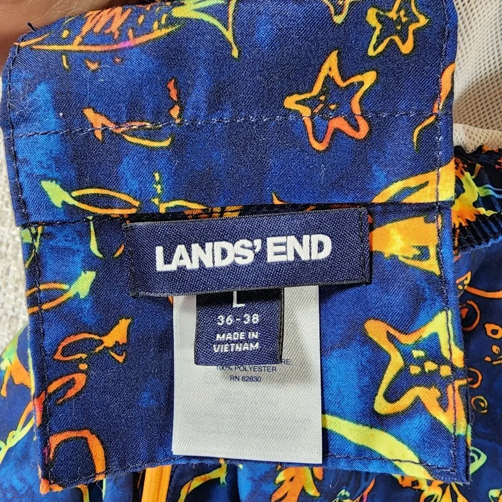 Lands End Elastic Waist Swim Shorts Mens L (36-38) Navy Sea Creatures Lined EUC